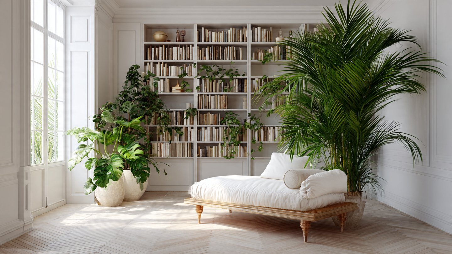 How Can You Transform a Reading Nook Using a Large Leafy Palm?