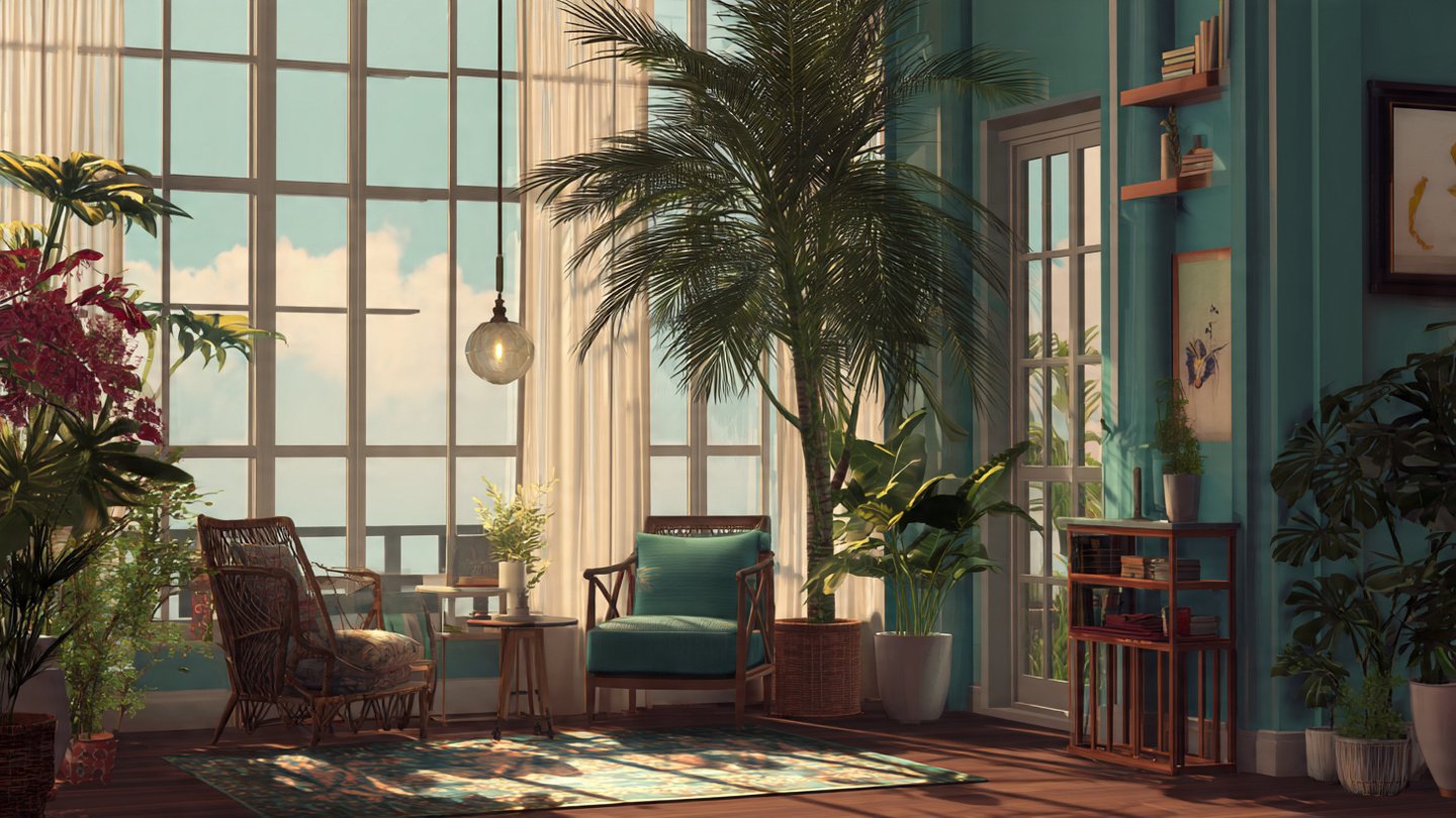 How Can You Transform Your Space Into a Cozy Reading Nook Featuring Tall Palms?
