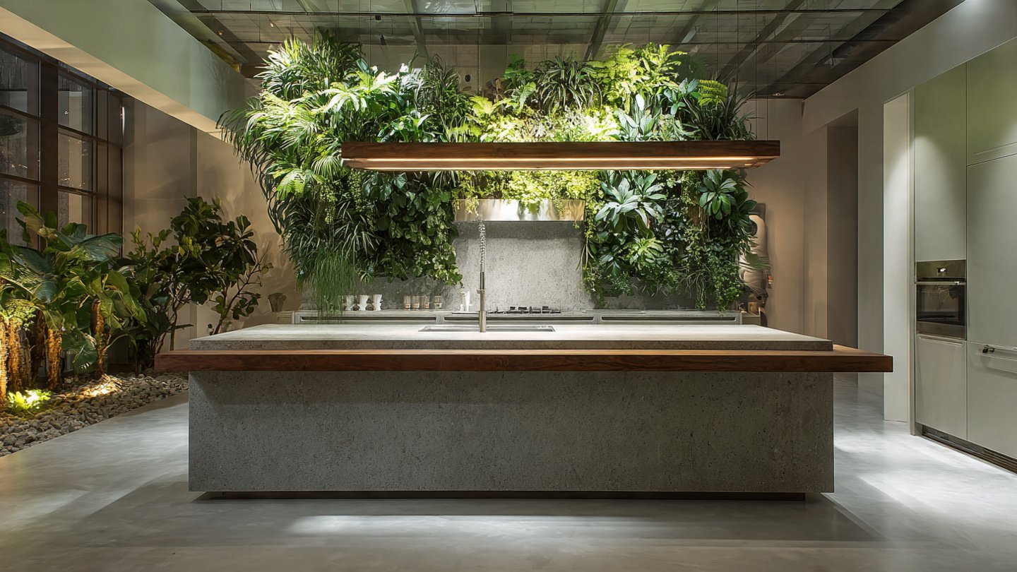 Which Plants Transform a Sleek Modern Kitchen Island into a Green Oasis?
